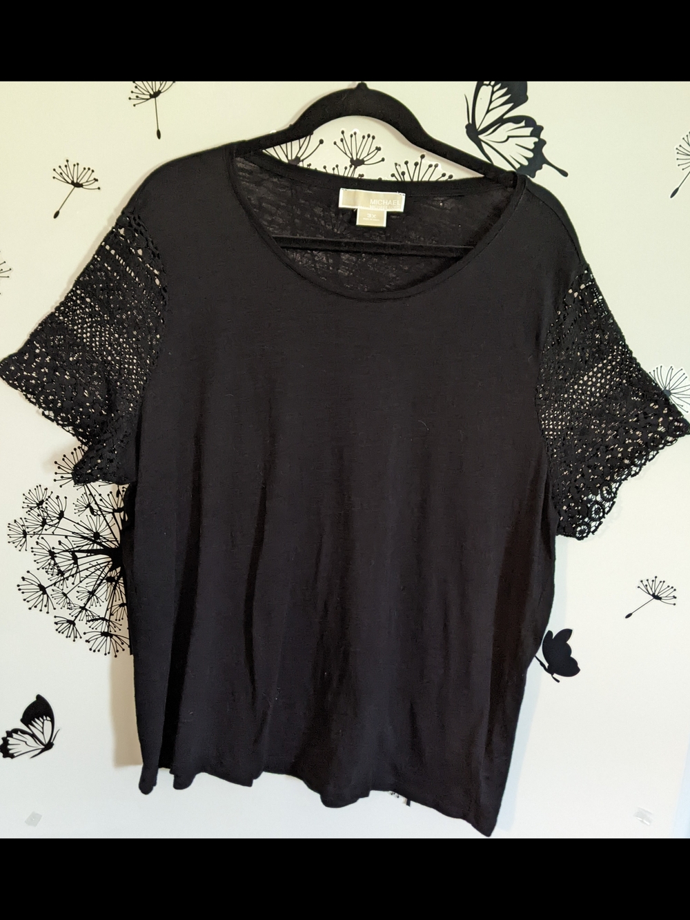 Michael Kors Black Tee with Crochet Lace Short Sleeves
